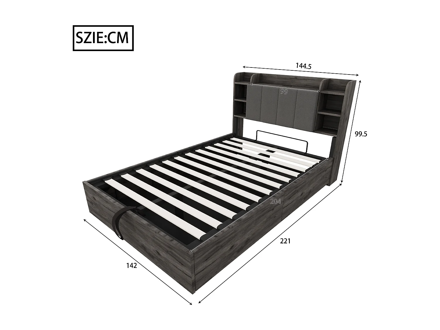 Hydraulisch bed 140 x 200 cm, hoofdeinde met opbergruimte, USB- en Tape-C-aansluiting, MDF, grijs (221x144,5x99,5 cm)