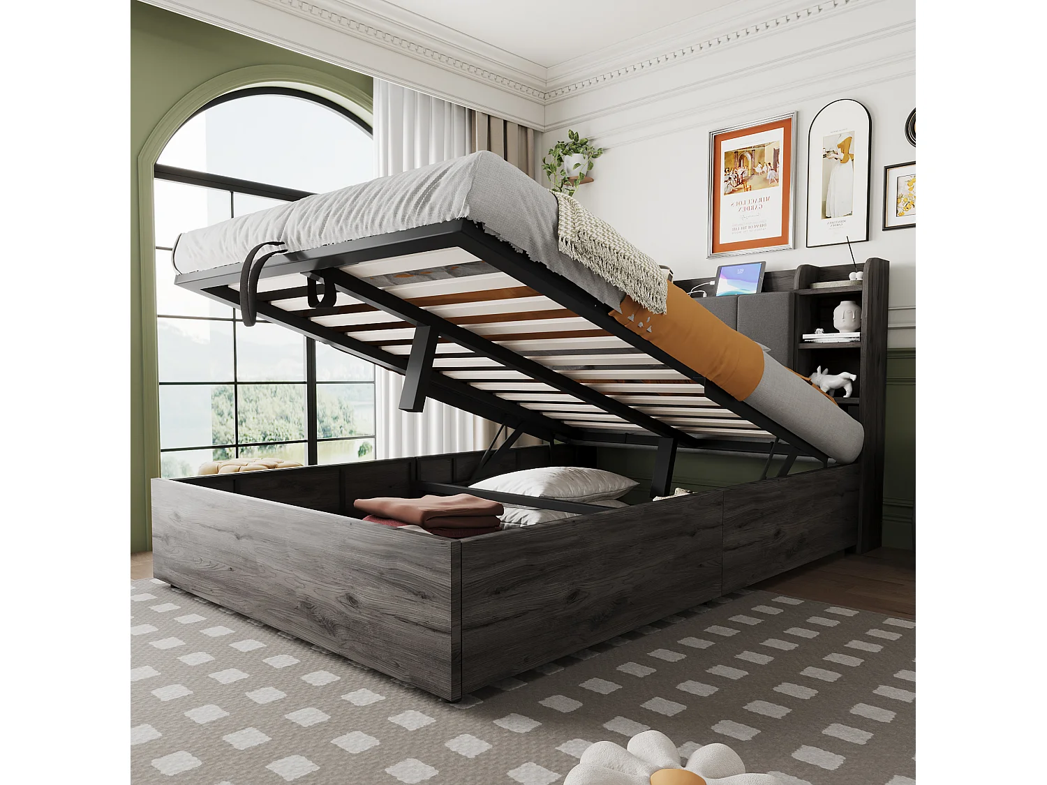 Lit hydraulique 140 x 200 cm, tête de lit avec rangement, prise USB et Tape-C, MDF, gris (221x144.5x99.5 cm)