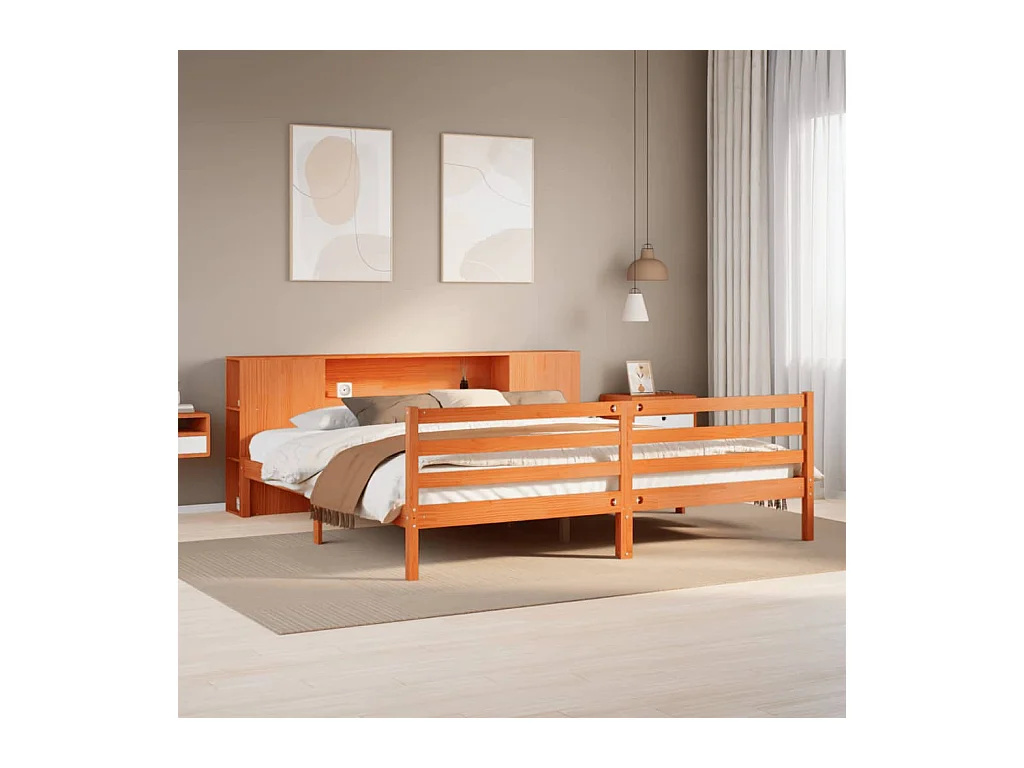 Letto libreria senza materasso, cera marrone, 200x200 cm, pino massiccio