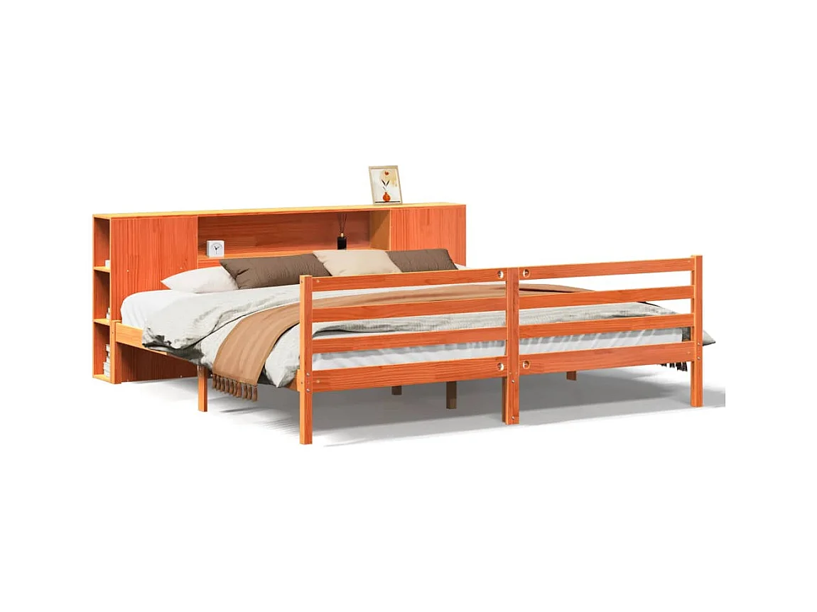 Letto libreria senza materasso, cera marrone, 200x200 cm, pino massiccio