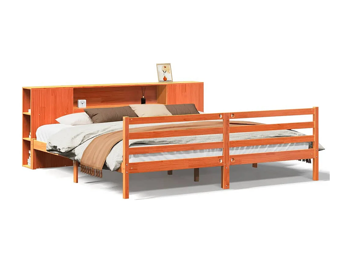 Lit bibliothèque sans matelas cire marron 200x200 cm pin massif