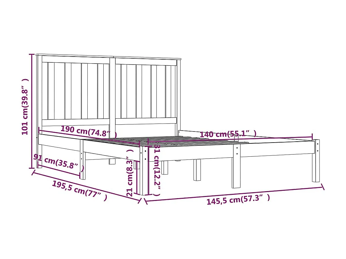 Bedframe zonder matras zwart massief hout 140x190 cm
