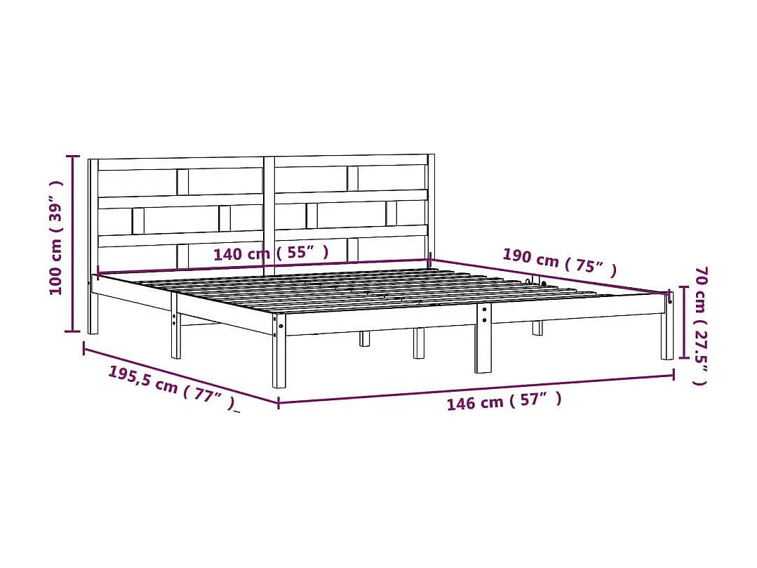 Cadre de lit sans matelas noir bois massif 140x190 cm