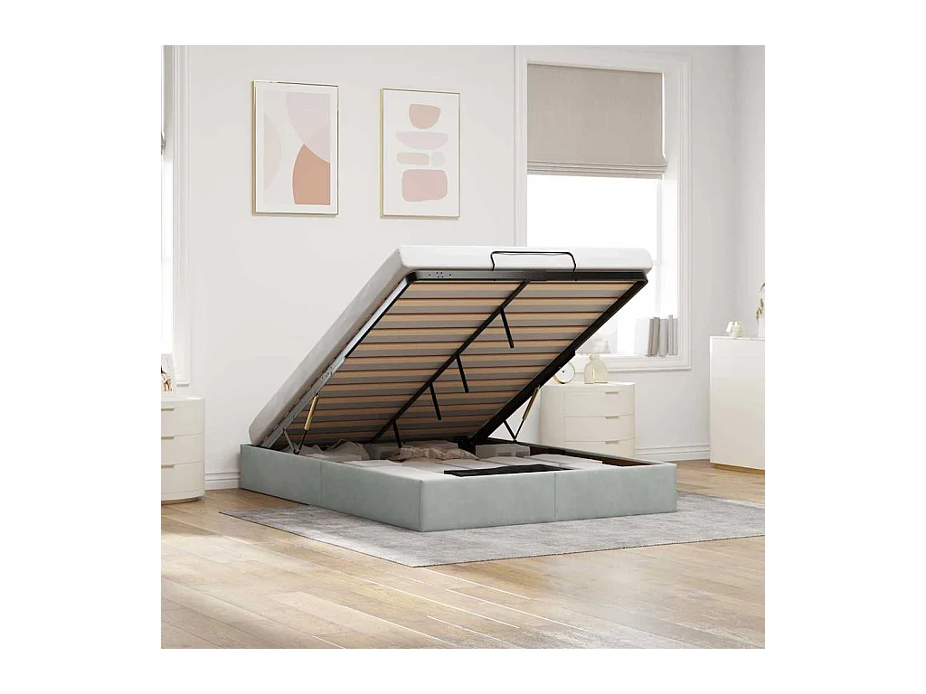 Struttura letto pouf senza materasso grigio chiaro 140x200 cm velluto