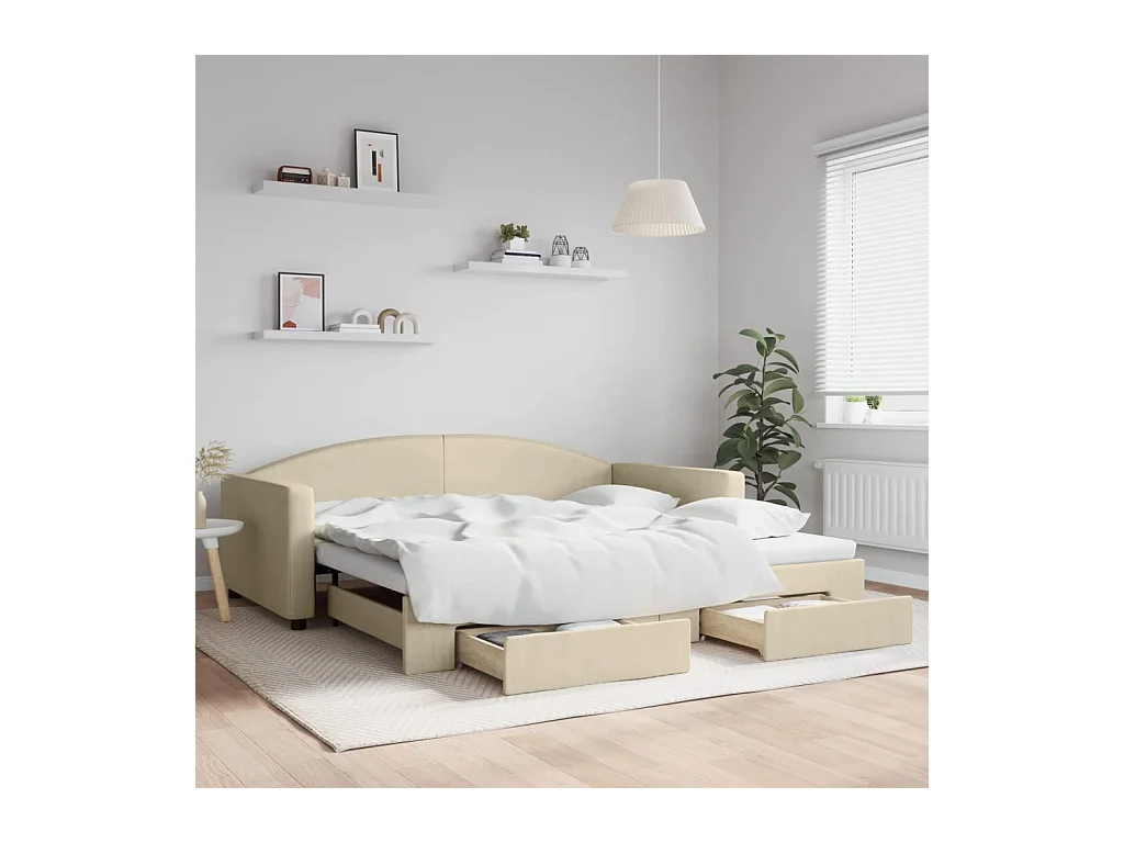 Dagbed met onderschuifbed en lades crème 100x200 cm stof