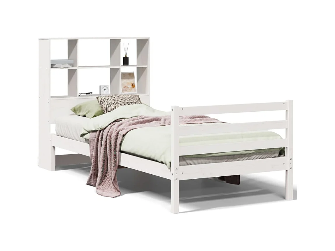 Lit bibliothèque sans matelas blanc 90x200cm bois de pin massif
