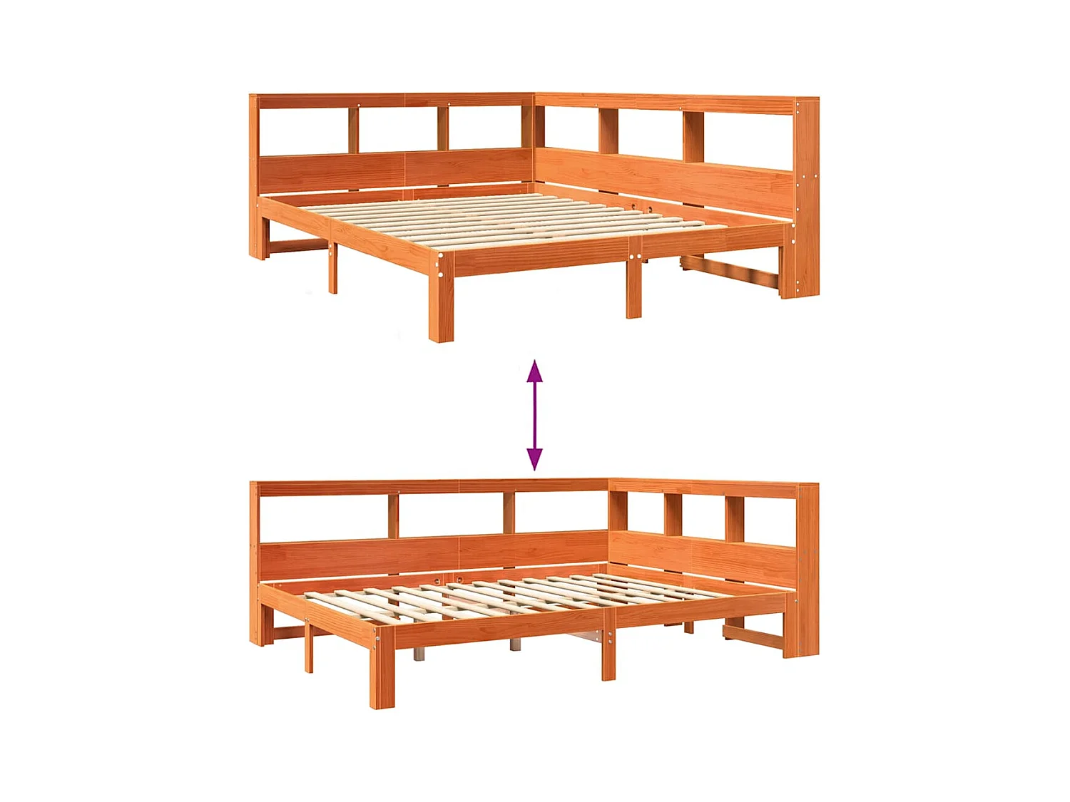 Cama librería sin colchón, color marrón cera, 140x200 cm, pino macizo