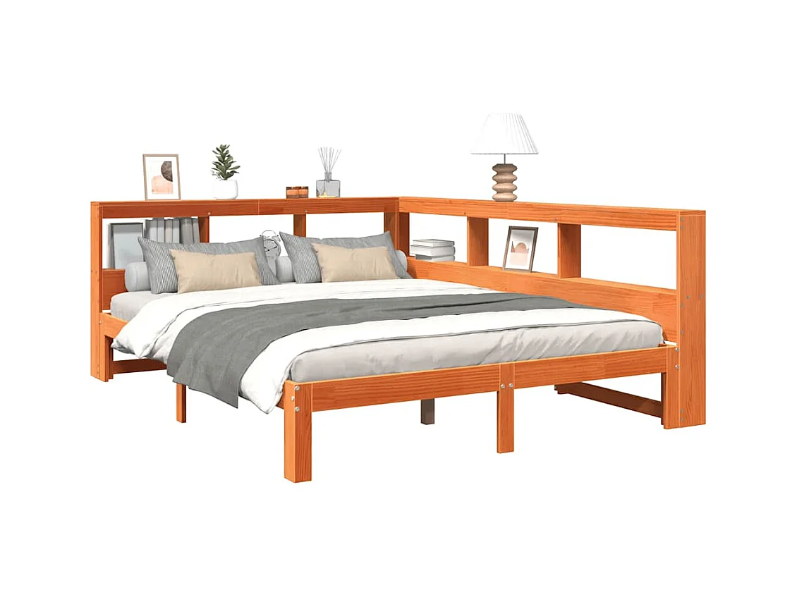 Cama librería sin colchón, color marrón cera, 140x200 cm, pino macizo