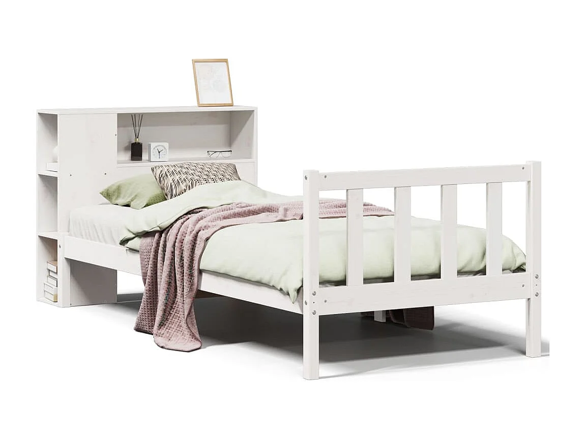 Cama librería blanca sin colchón 100x200 cm madera maciza de pino