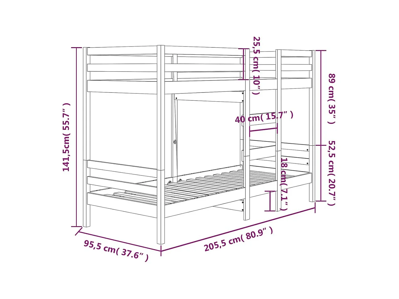 Letto a castello senza materasso bianco 90x200 cm in legno massello di pino