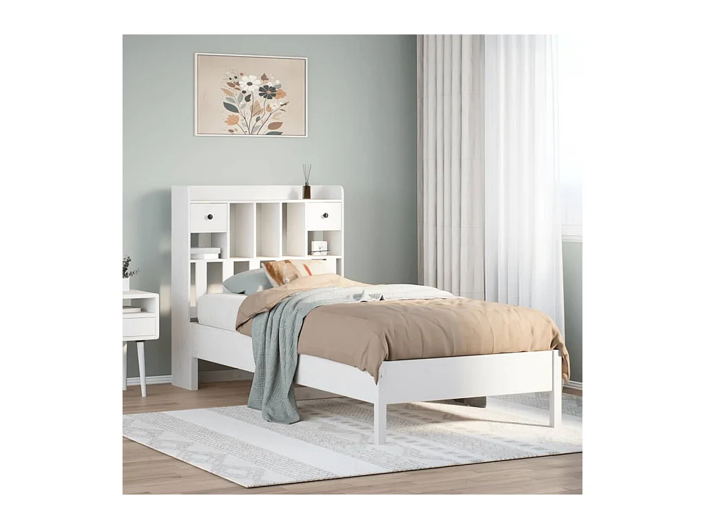 Lit bibliothèque sans matelas blanc 90x190cm bois de pin massif