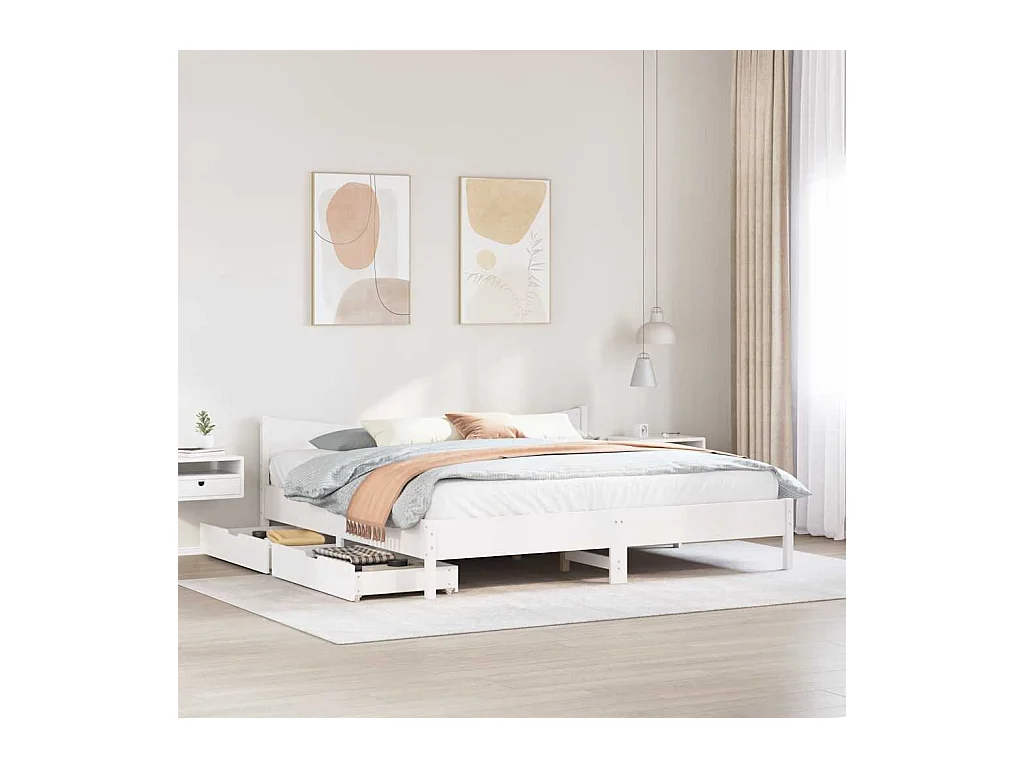 Struttura letto con cassetti bianco 200x200 cm in legno massello di pino
