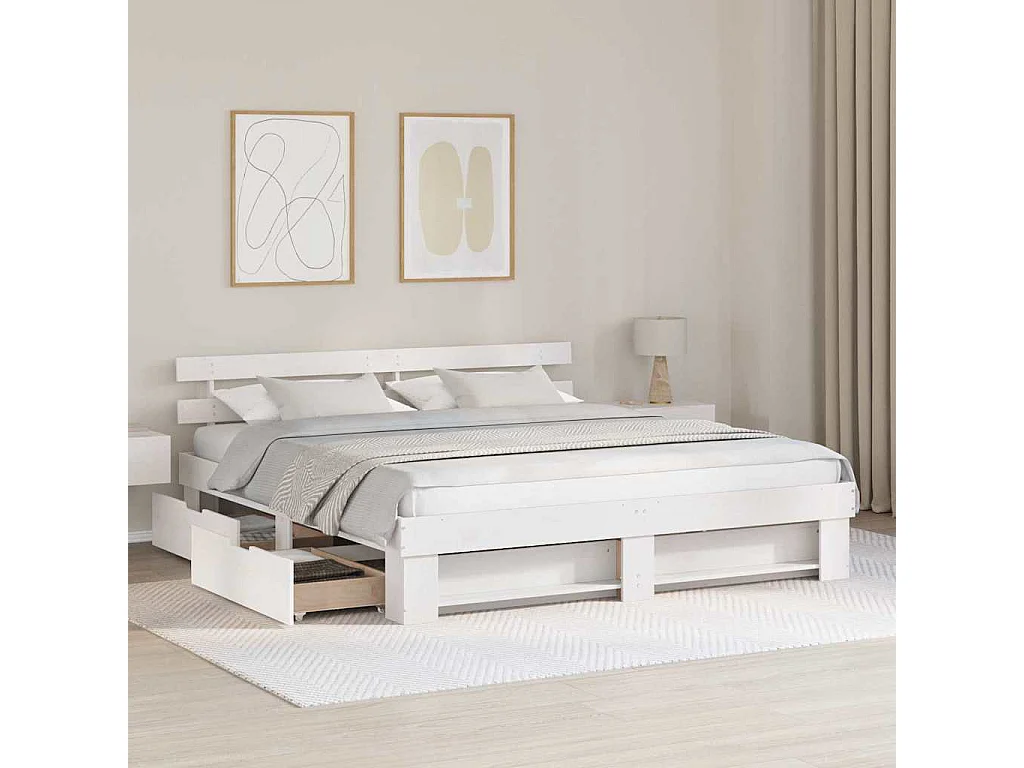 Cadre de lit avec tiroir Blanc 200 x 200 cm Bois massif en pin
