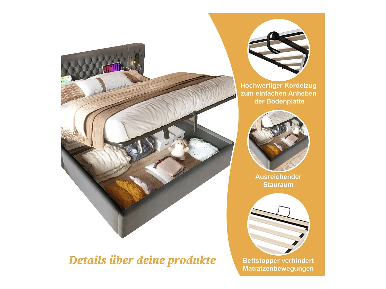 Tweepersoonsbed 160x200 cm met LED-hoofdbord, opbergruimte en 2 nachtkastjes, in grijs fluweel (213x247x105 cm)