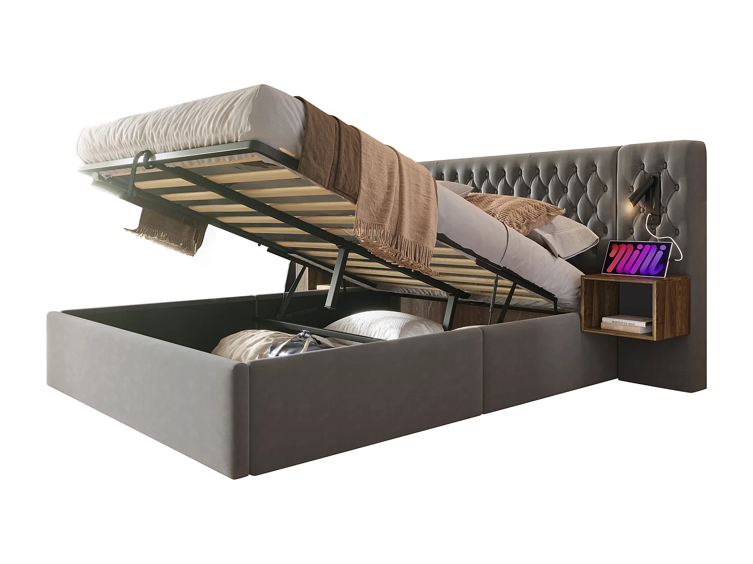 Letto matrimoniale 160x200 cm con testiera LED, contenitore e 2 comodini, in velluto grigio (213x247x105 cm)