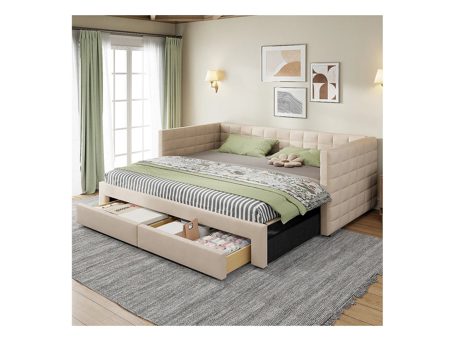 Sofá cama 3 en 1, 90 x 190 cm, con cajones, convertible en cama individual o doble, en algodón y lino (207 x 189 x 74 cm)