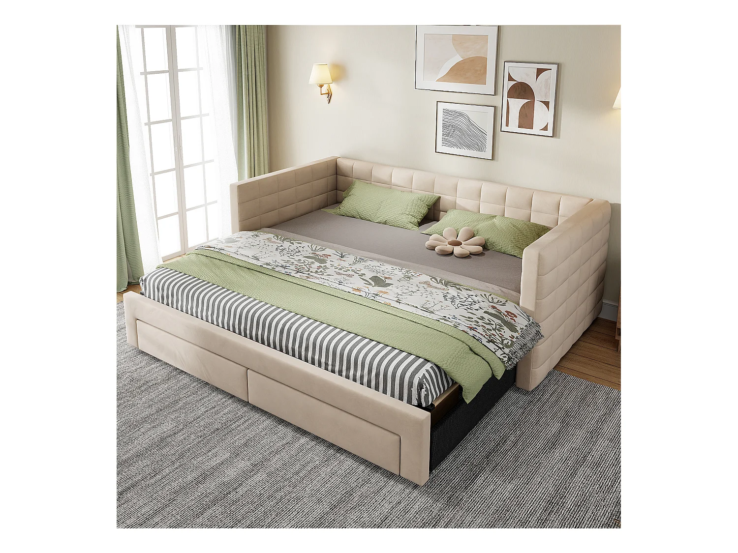 Sofá cama 3 en 1, 90 x 190 cm, con cajones, convertible en cama individual o doble, en algodón y lino (207 x 189 x 74 cm)