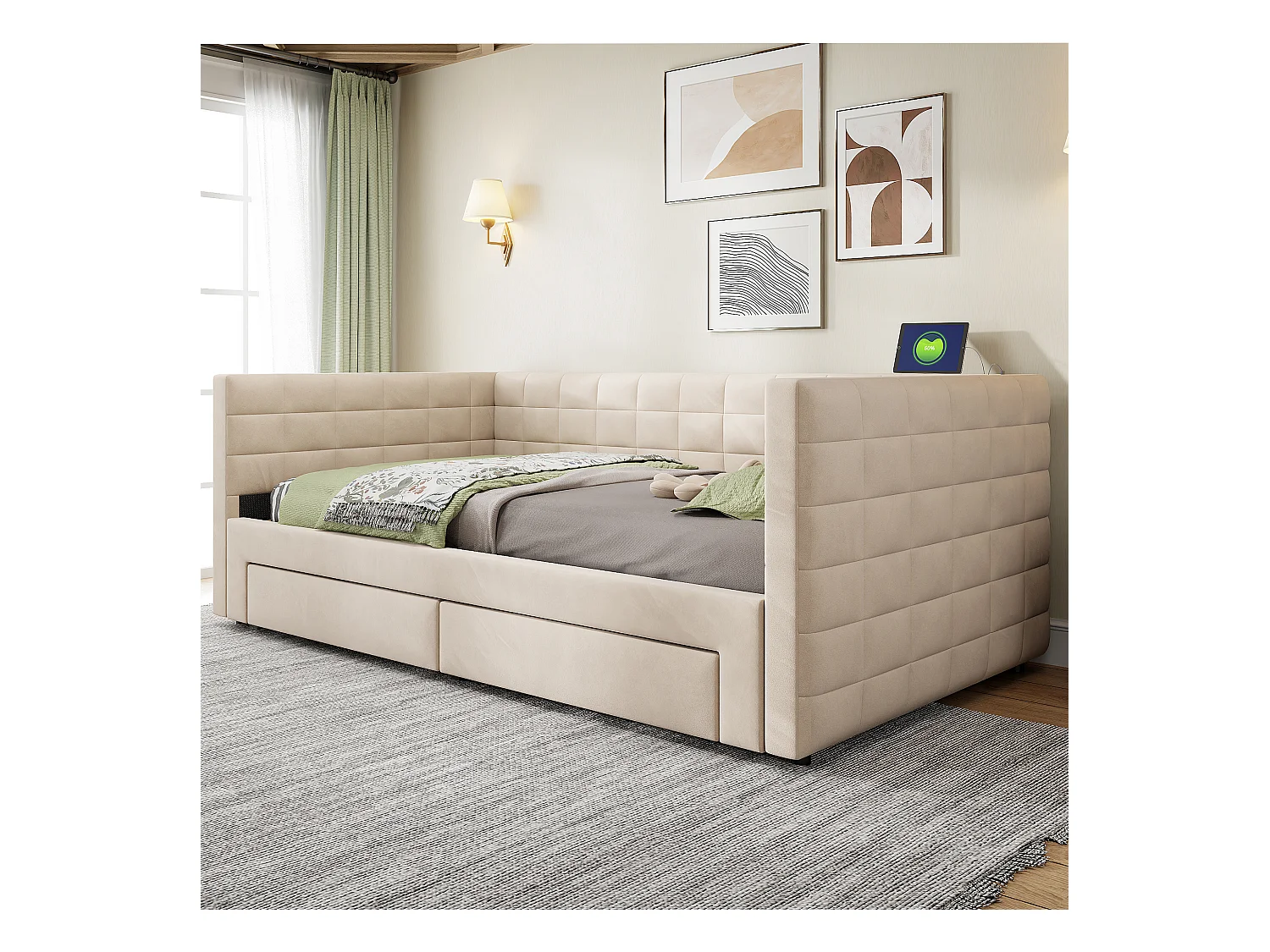 Sofá cama 3 en 1, 90 x 190 cm, con cajones, convertible en cama individual o doble, en algodón y lino (207 x 189 x 74 cm)