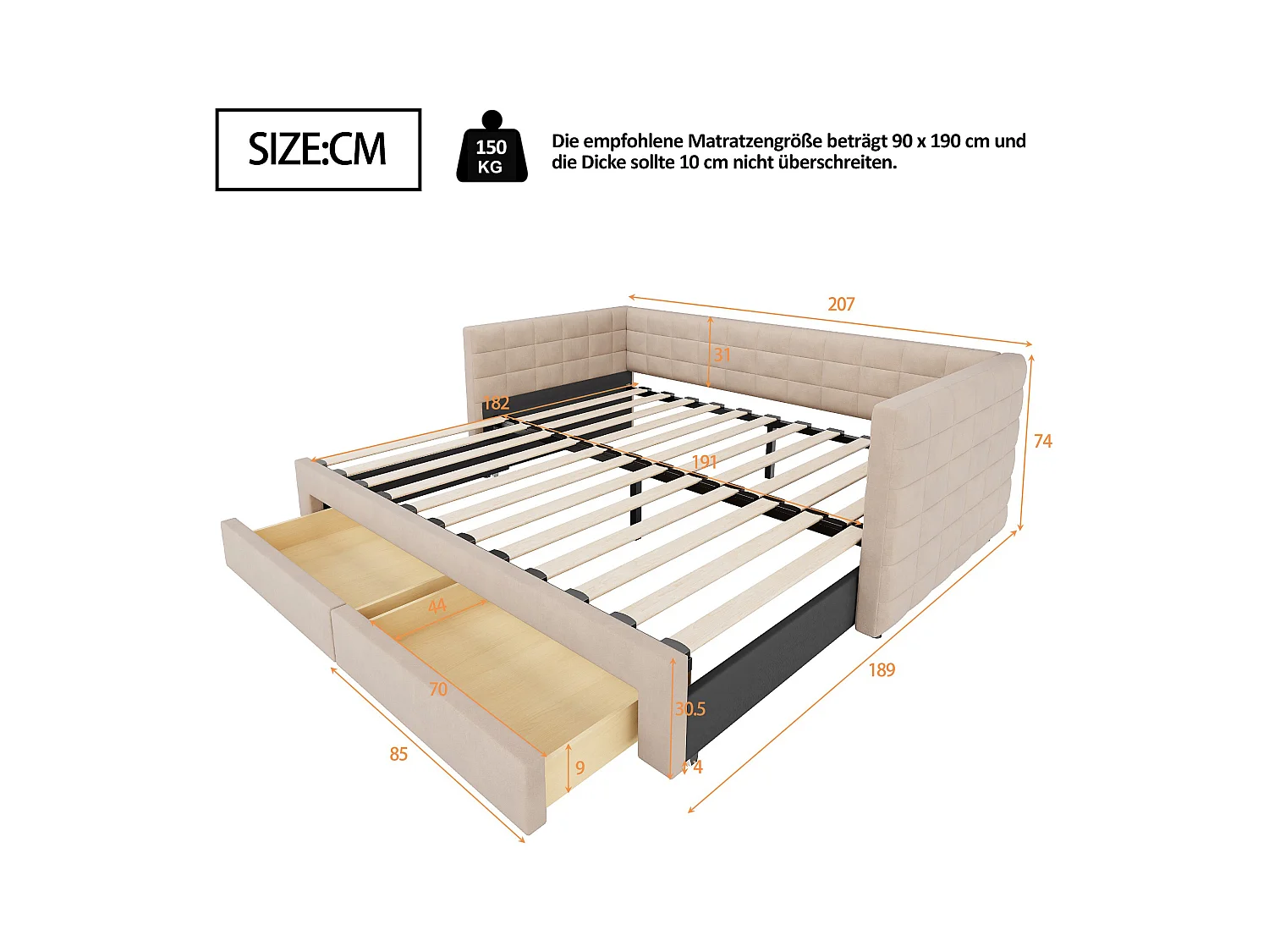 Sofá cama 3 en 1, 90 x 190 cm, con cajones, convertible en cama individual o doble, en algodón y lino (207 x 189 x 74 cm)