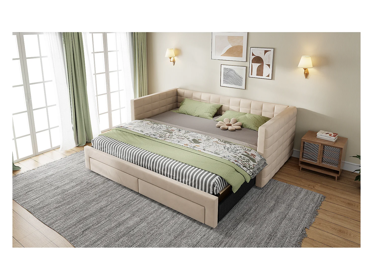 Sofá cama 3 en 1, 90 x 190 cm, con cajones, convertible en cama individual o doble, en algodón y lino (207 x 189 x 74 cm)