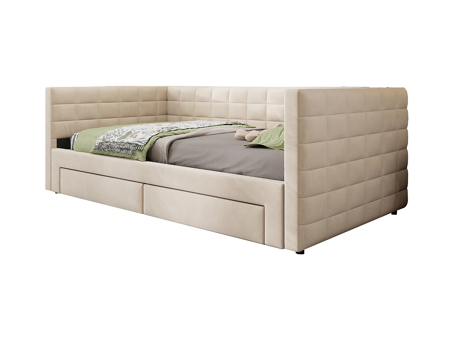 Sofá cama 3 en 1, 90 x 190 cm, con cajones, convertible en cama individual o doble, en algodón y lino (207 x 189 x 74 cm)