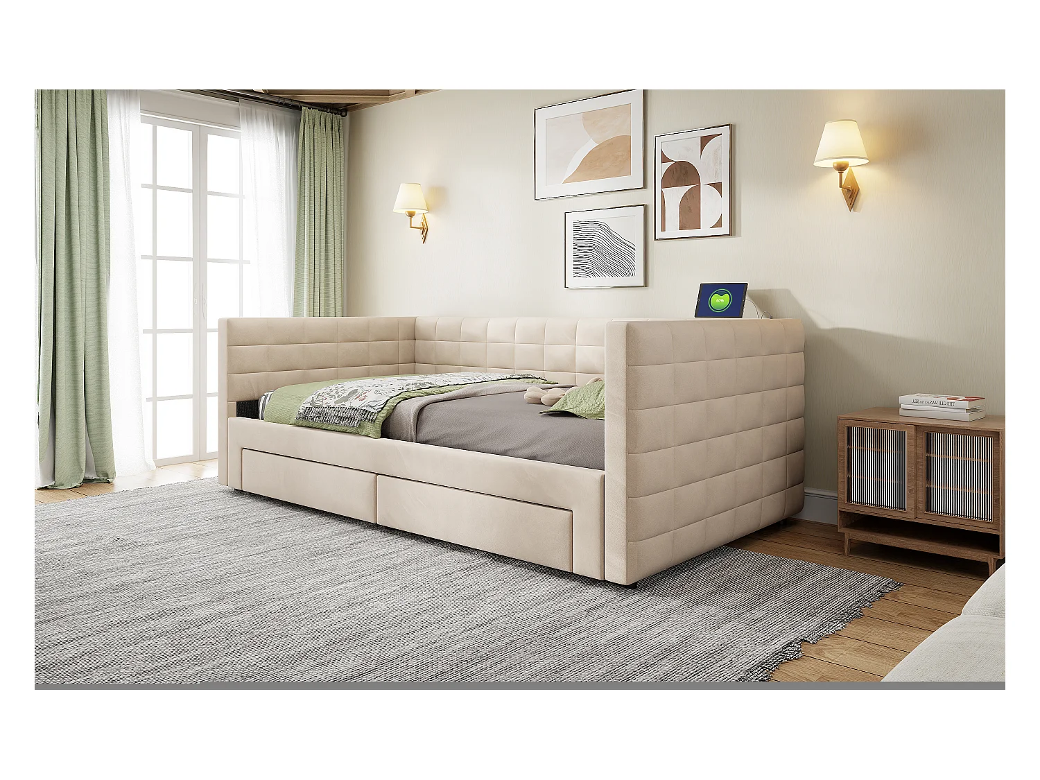 Sofá cama 3 en 1, 90 x 190 cm, con cajones, convertible en cama individual o doble, en algodón y lino (207 x 189 x 74 cm)