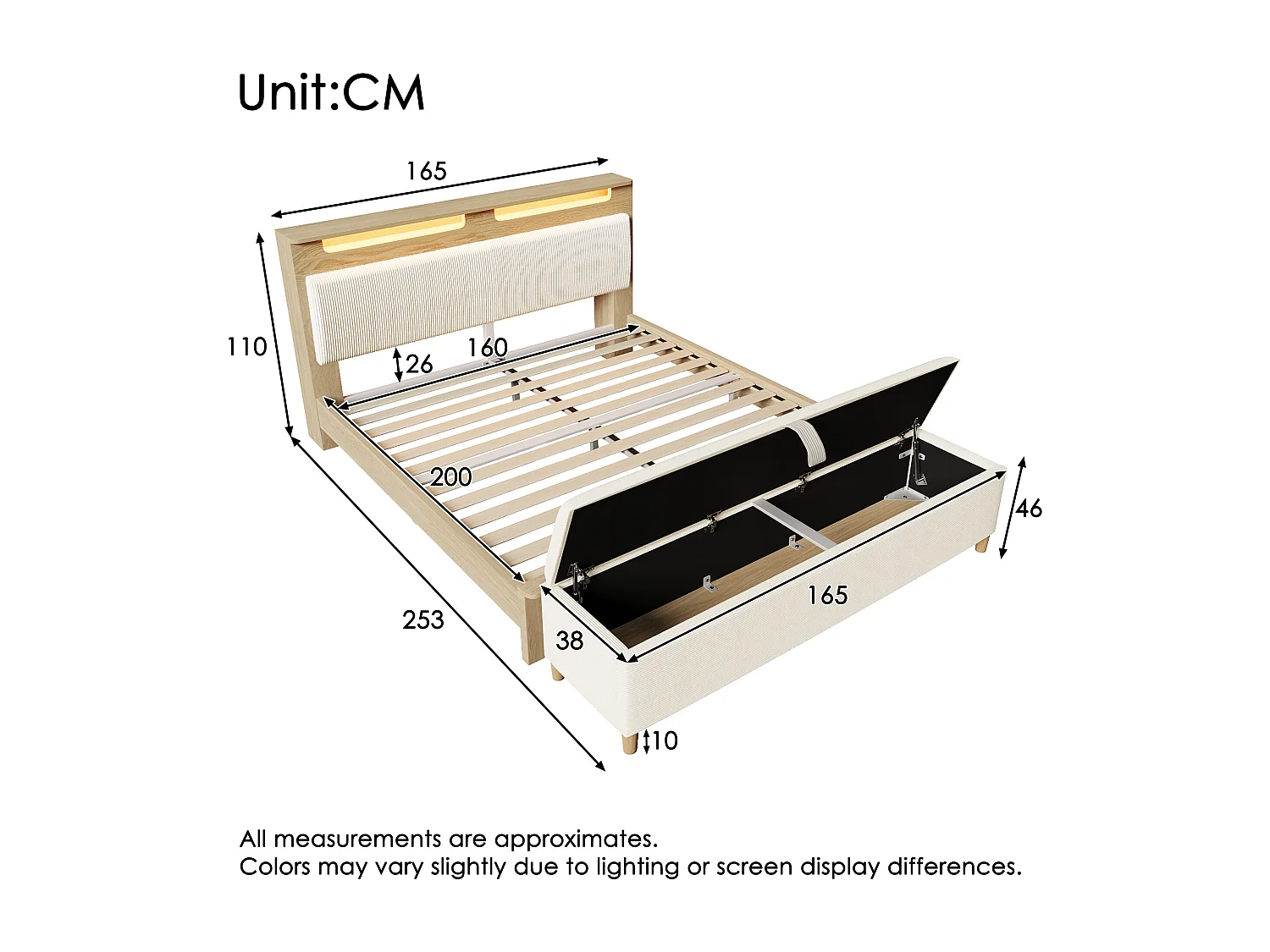 Lit double 160x200 cm avec tête de lit LED, rangement et banc de stockage beige en corduroy, bois clair (165x253x110 cm)