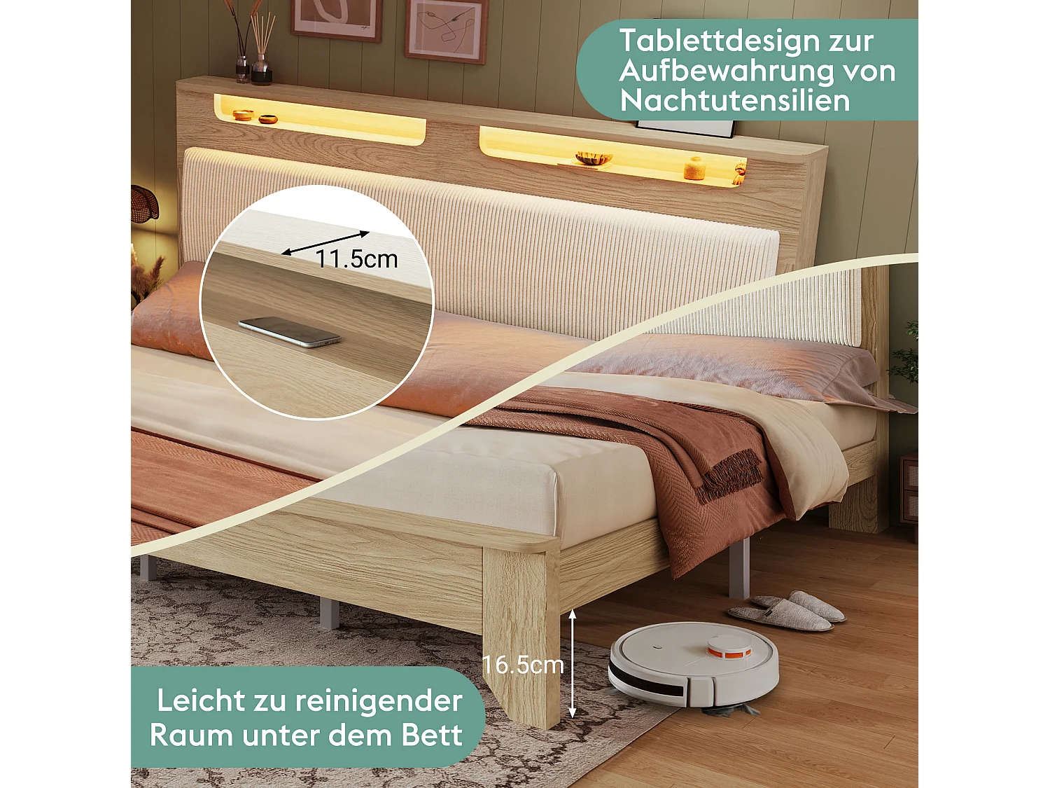 Lit double 160x200 cm avec tête de lit LED, rangement et banc de stockage beige en corduroy, bois clair (165x253x110 cm)
