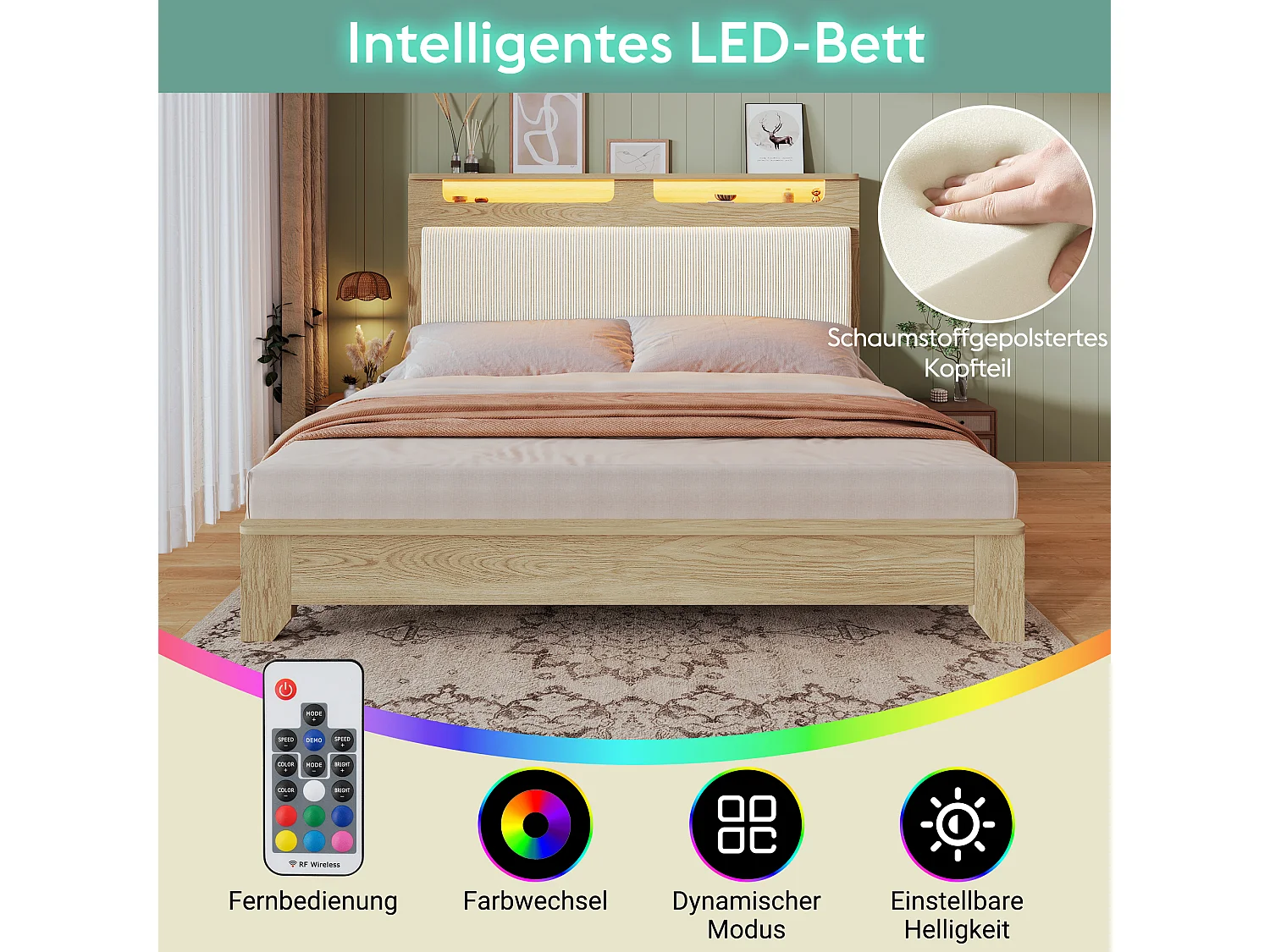 Lit double 160x200 cm avec tête de lit LED, rangement et banc de stockage beige en corduroy, bois clair (165x253x110 cm)