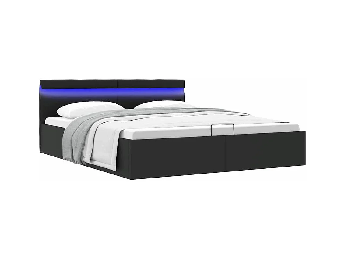 Bettgestell mit Stauraum und LED, Kunstleder, Schwarz, 180 x 200 cm