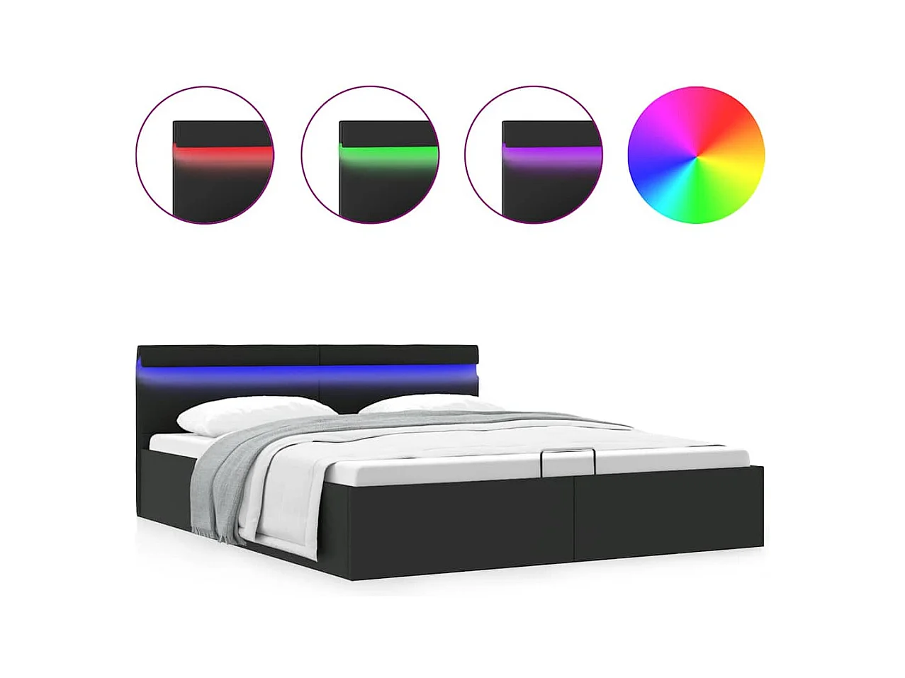 Bettgestell mit Stauraum und LED, Kunstleder, Schwarz, 180 x 200 cm