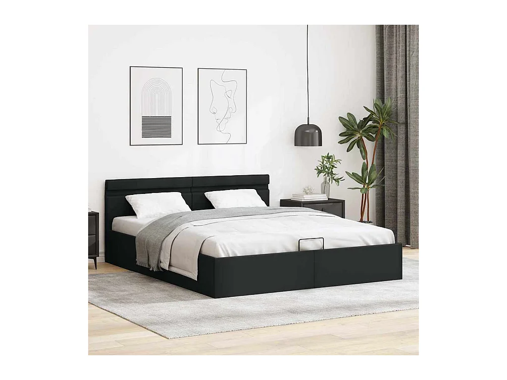 Bettgestell mit Stauraum und LED, Kunstleder, Schwarz, 180 x 200 cm