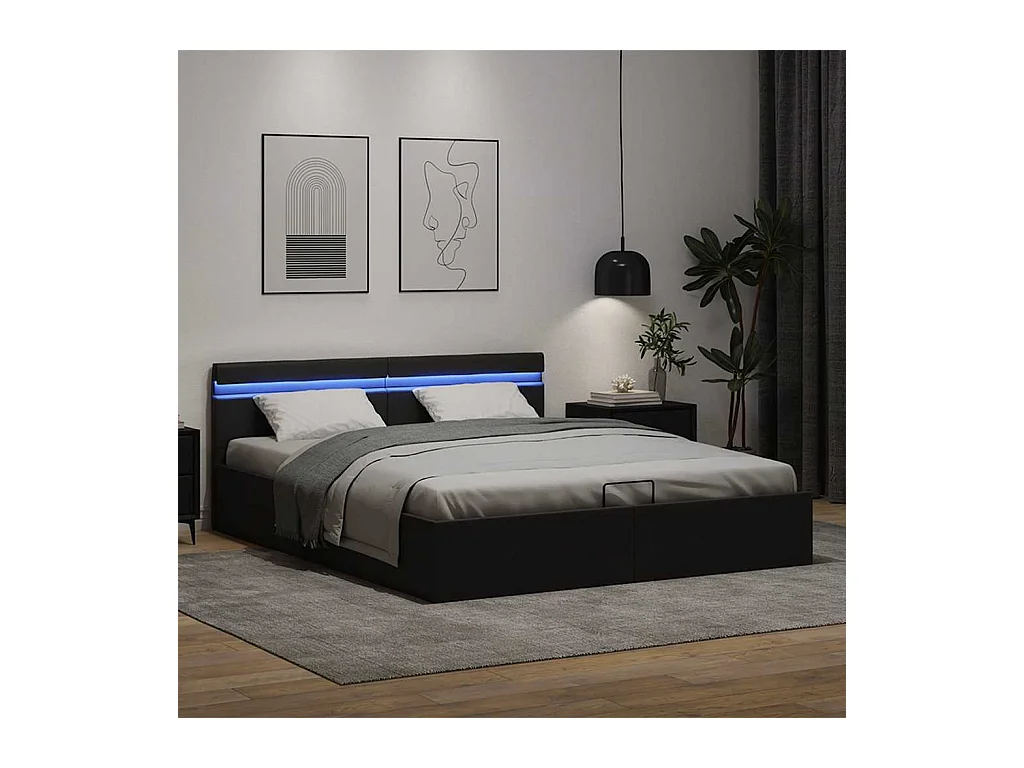 Bettgestell mit Stauraum und LED, Kunstleder, Schwarz, 180 x 200 cm