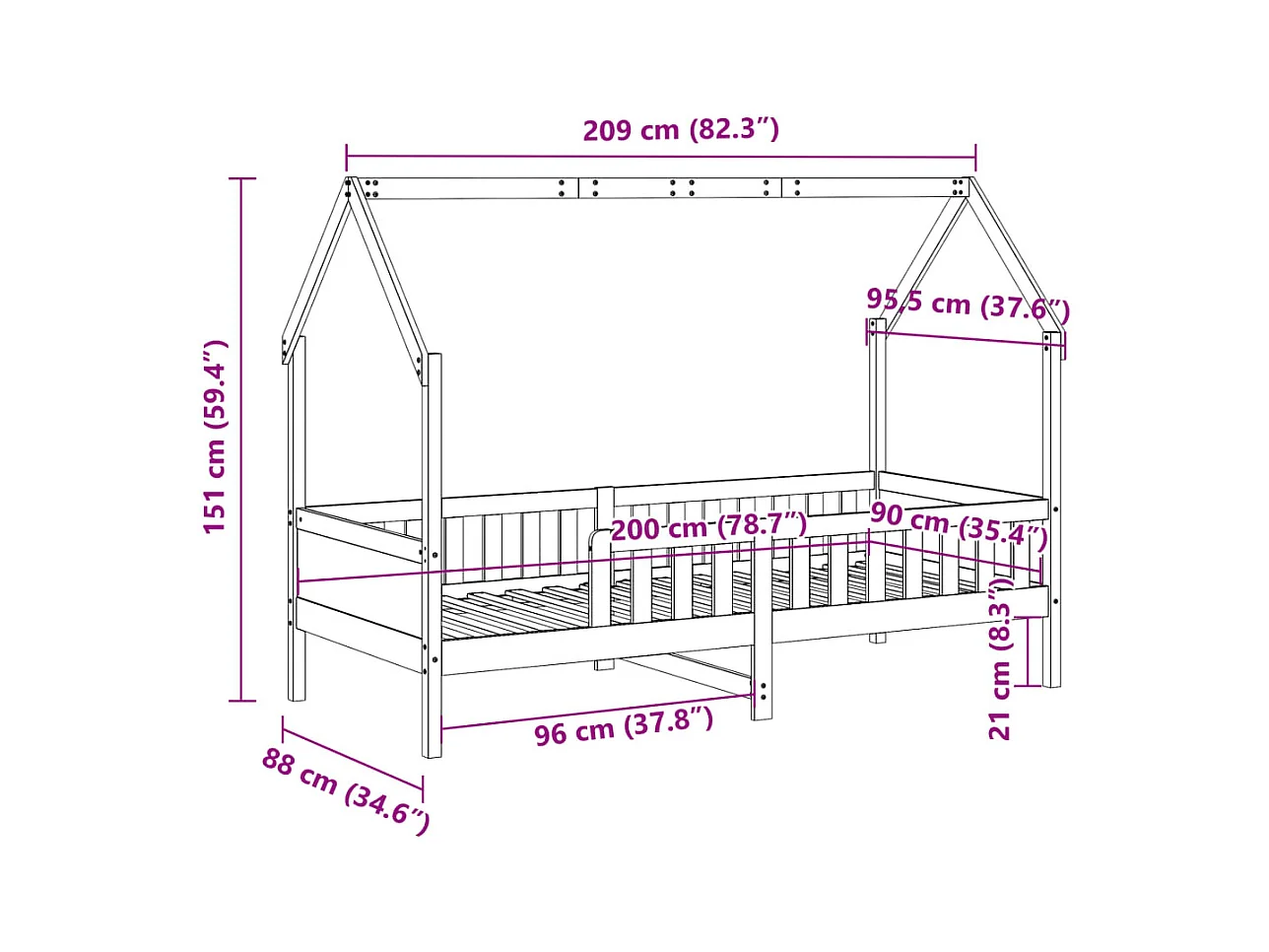 Kinderbedframe huisvorm zonder matras grenen