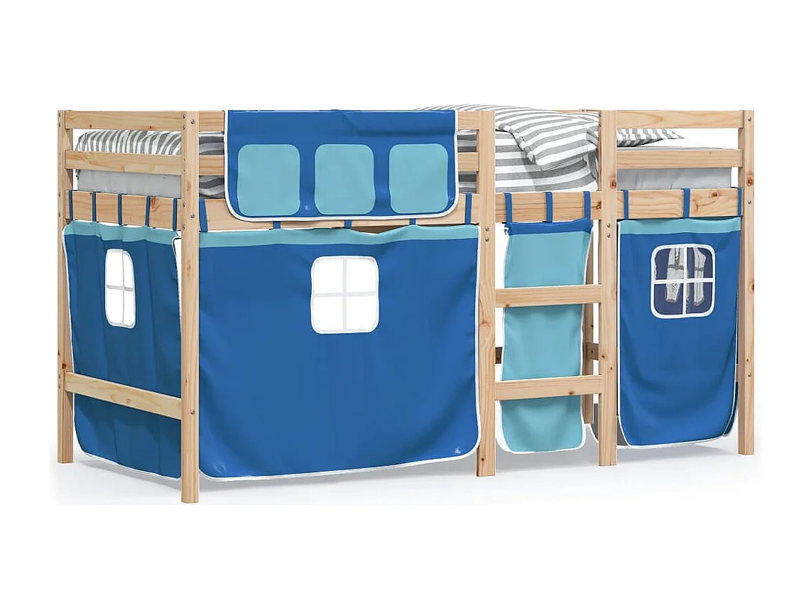 Letto a soppalco per bambini con tende senza materasso blu 90x200cm