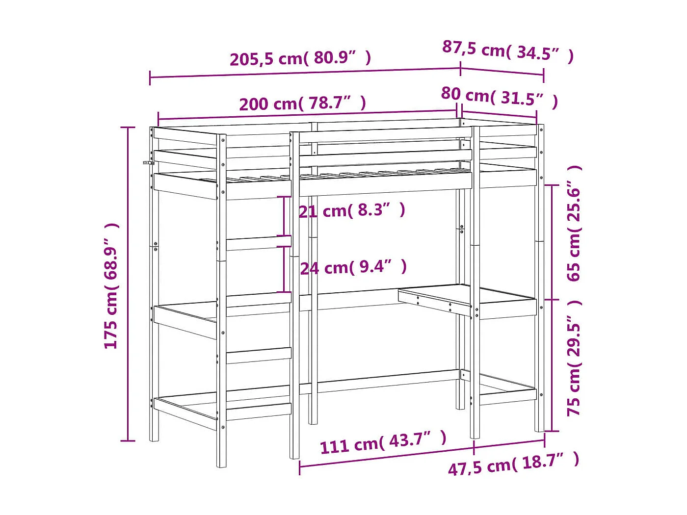 Letto a castello senza materasso 80x200 cm in legno massello di pino