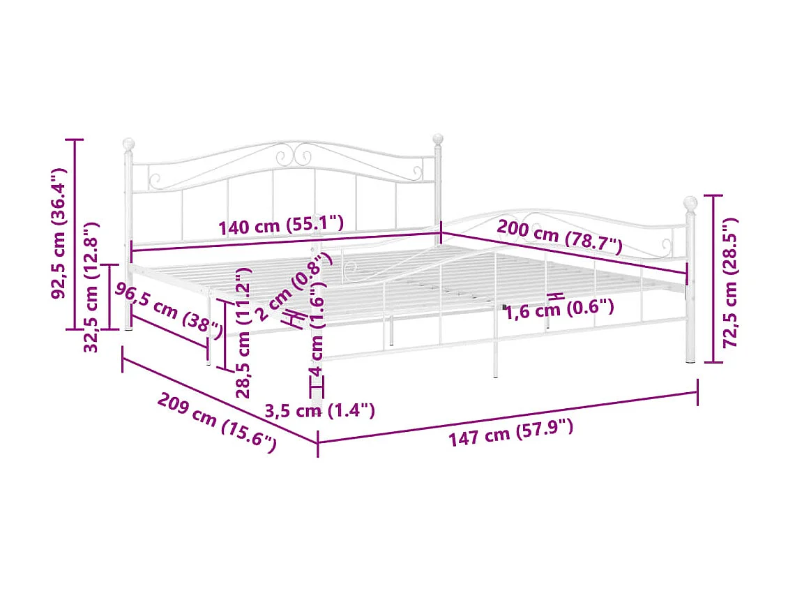 Cadre de lit sans matelas blanc métal 140x200 cm
