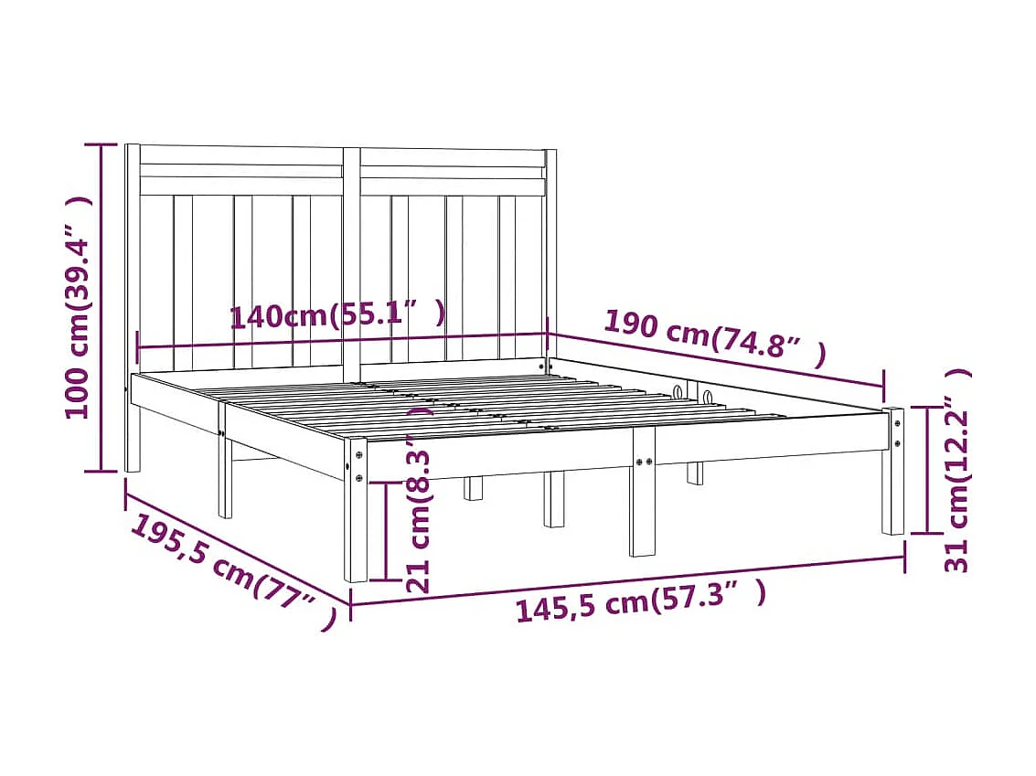 Cadre de lit sans matelas noir 140x190 cm bois massif