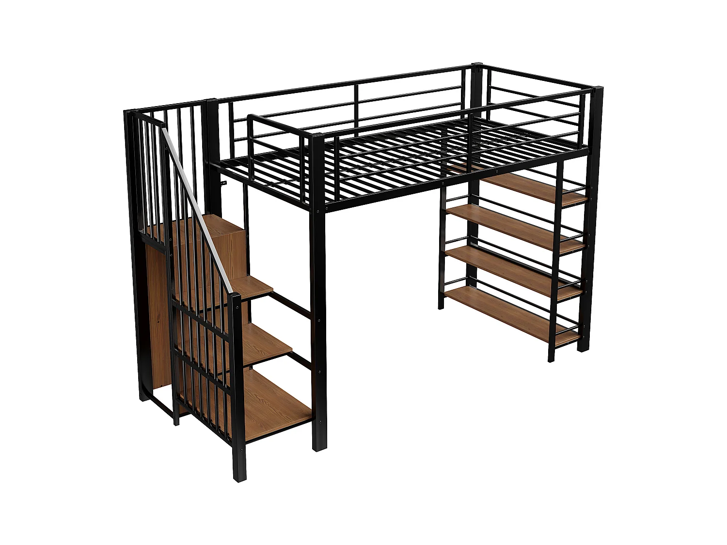 Lit mezzanine 90 x 200 cm, avec échelle de sécurité, rangement, petit placard, étagères, haut garde-corps, métal, noir (255x98x170 cm)