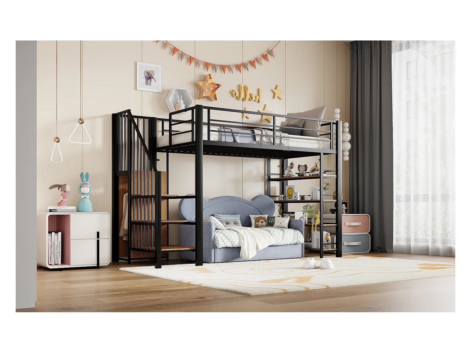 Lit mezzanine 90 x 200 cm, avec échelle de sécurité, rangement, petit placard, étagères, haut garde-corps, métal, noir (255x98x170 cm)