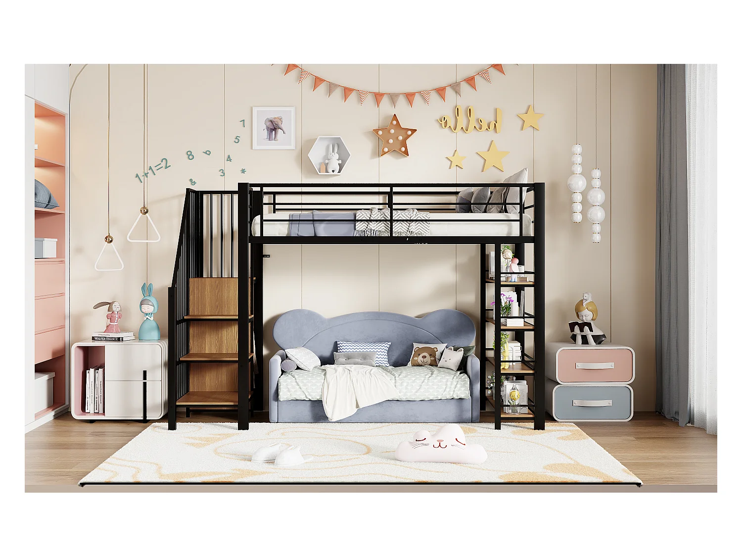 Lit mezzanine 90 x 200 cm, avec échelle de sécurité, rangement, petit placard, étagères, haut garde-corps, métal, noir (255x98x170 cm)