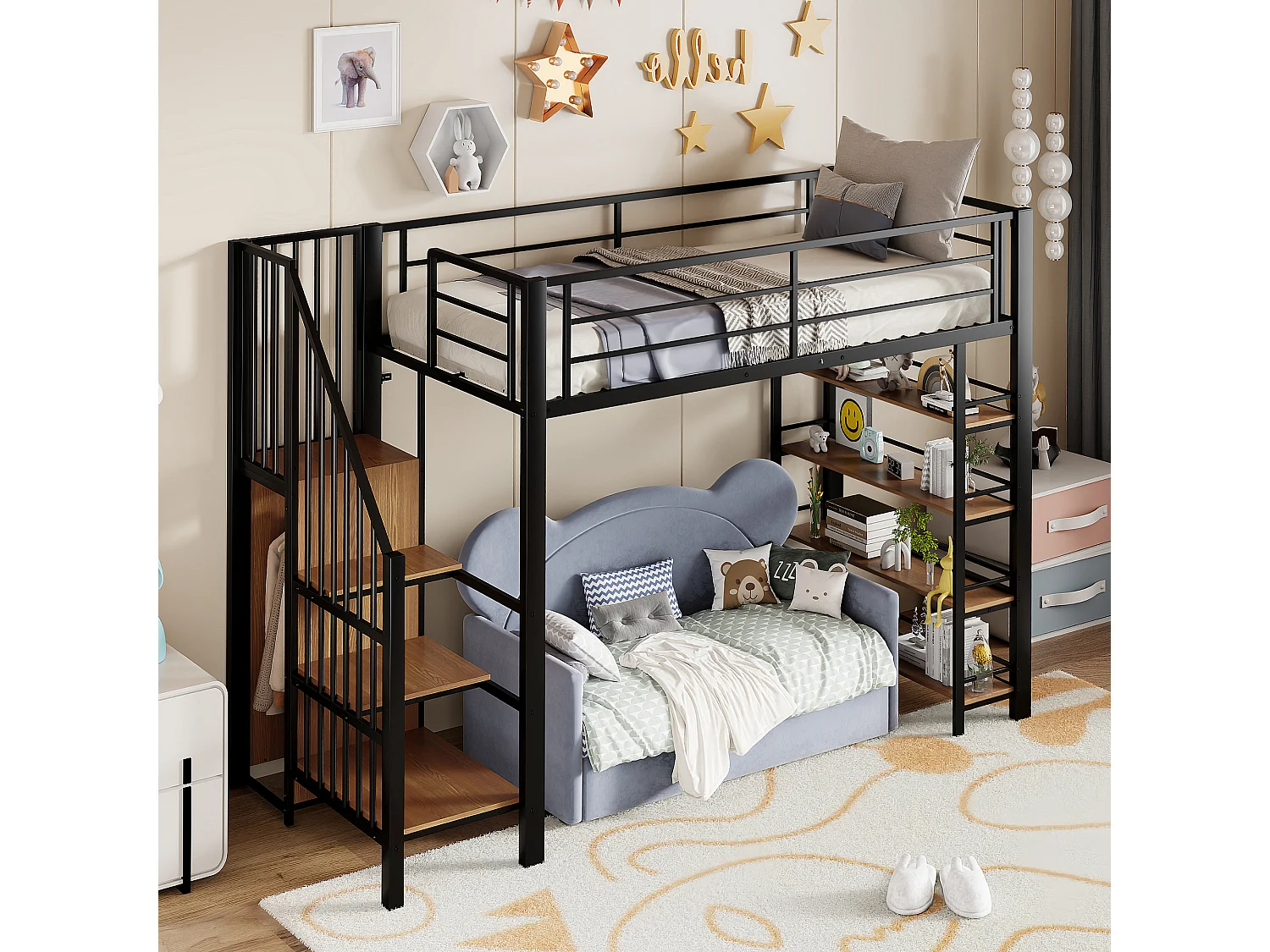 Lit mezzanine 90 x 200 cm, avec échelle de sécurité, rangement, petit placard, étagères, haut garde-corps, métal, noir (255x98x170 cm)