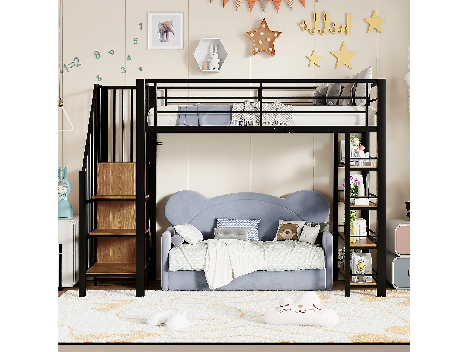 Lit mezzanine 90 x 200 cm, avec échelle de sécurité, rangement, petit placard, étagères, haut garde-corps, métal, noir (255x98x170 cm)