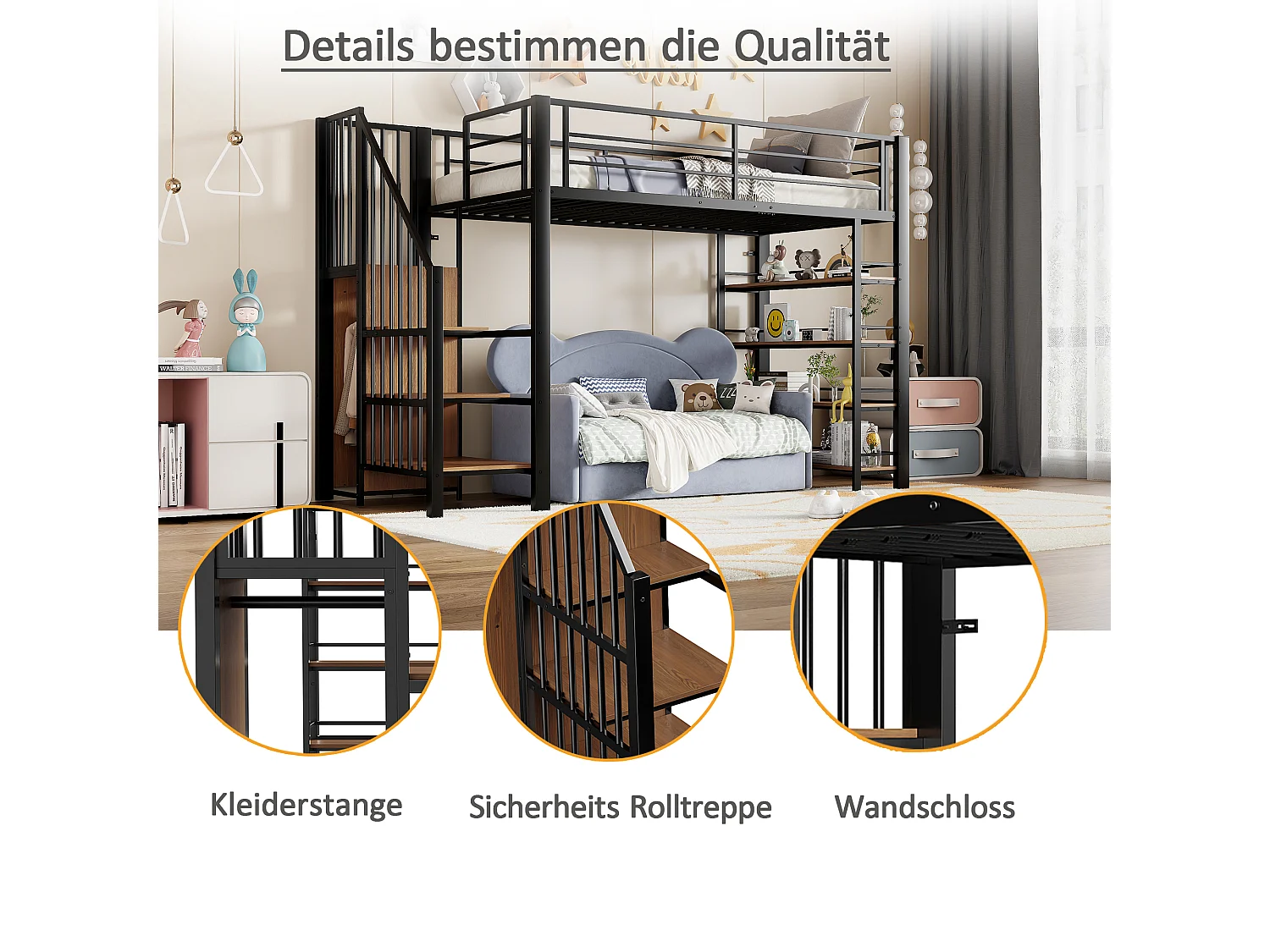 Lit mezzanine 90 x 200 cm, avec échelle de sécurité, rangement, petit placard, étagères, haut garde-corps, métal, noir (255x98x170 cm)