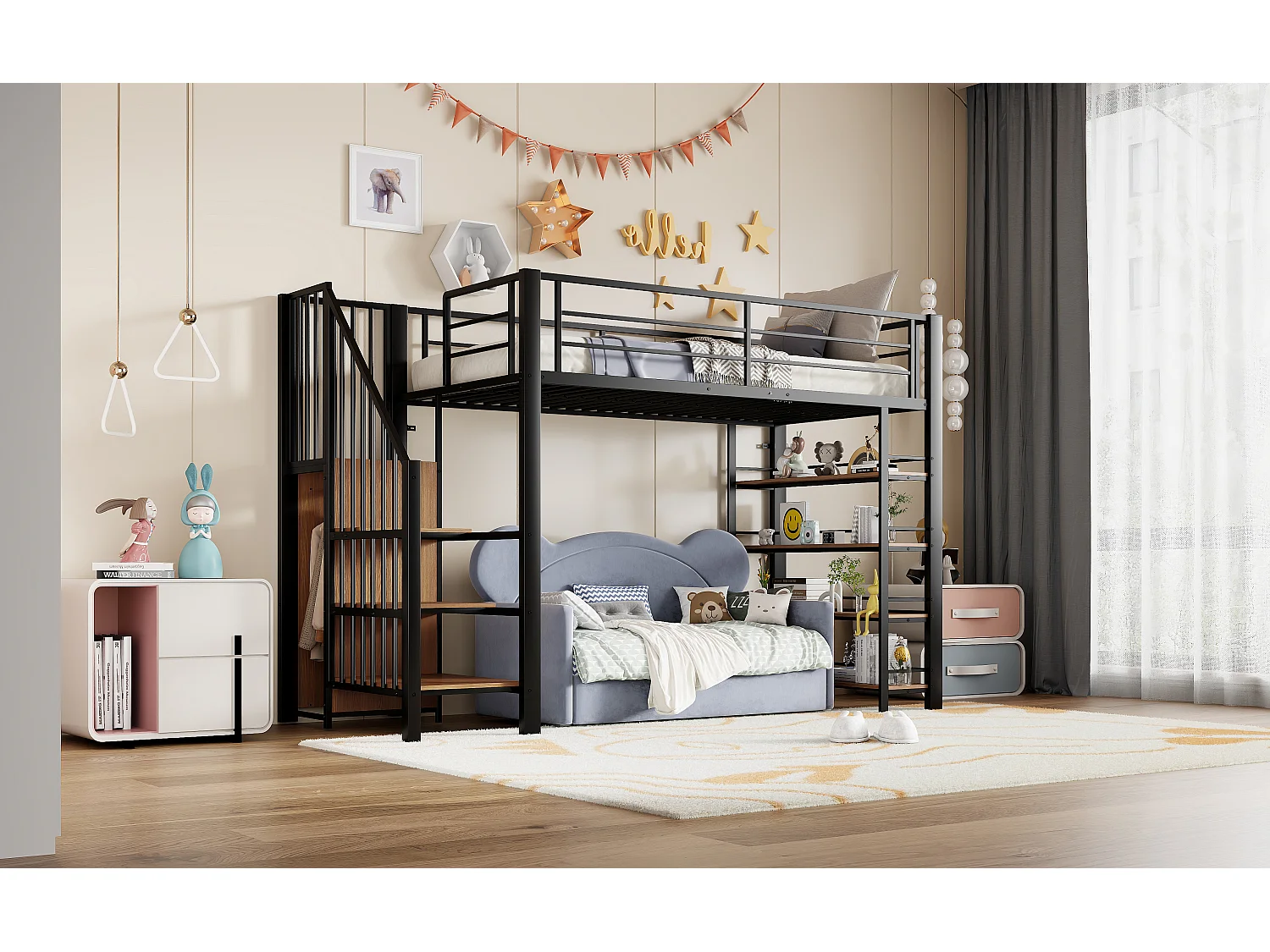 Lit mezzanine 90 x 200 cm, avec échelle de sécurité, rangement, petit placard, étagères, haut garde-corps, métal, noir (255x98x170 cm)