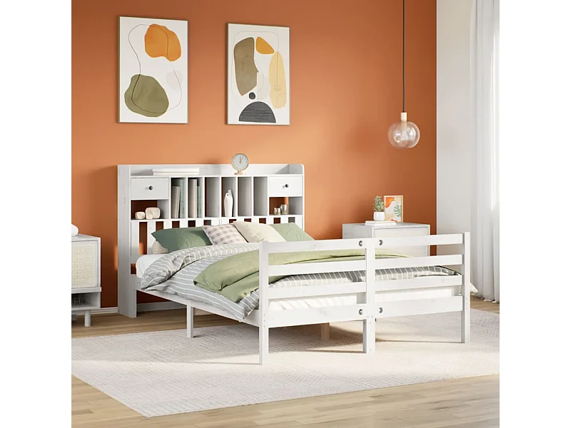 Lit bibliothèque sans matelas blanc 140x200 cm bois pin massif