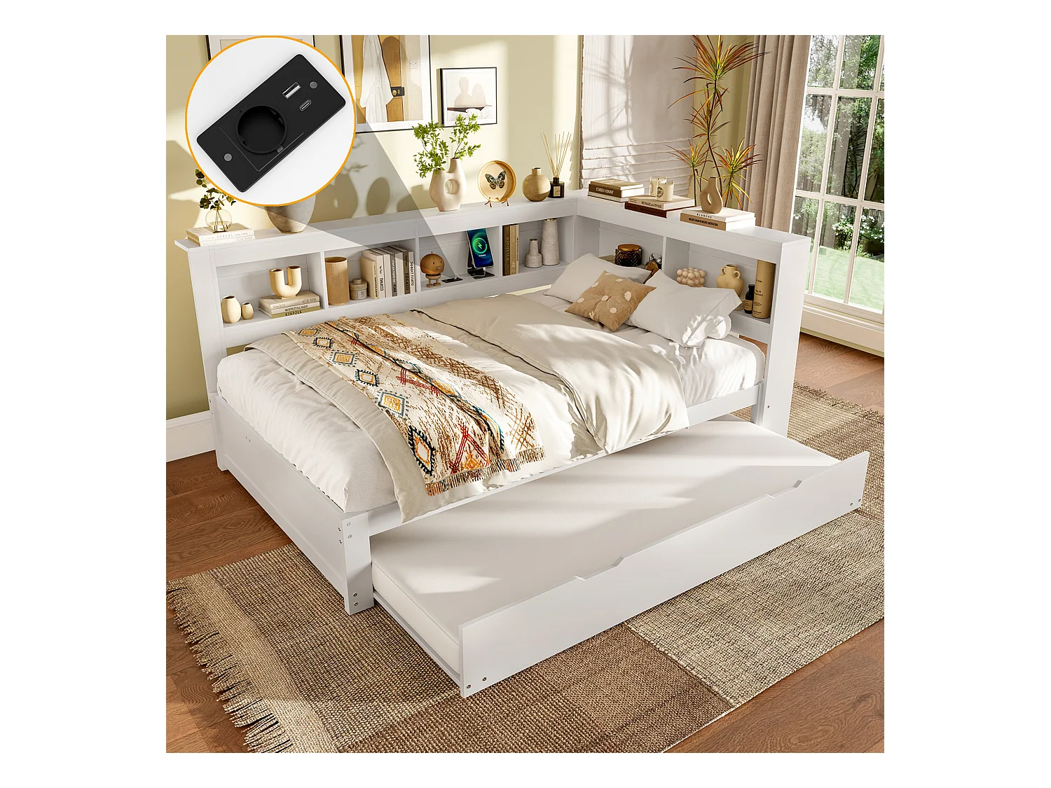 Daybed 140x200 cm, slaapbank met uitschuifbaar bed, met stopcontact en 2 USB-poorten, MDF en grenen frame, wit (219x167x90 cm)