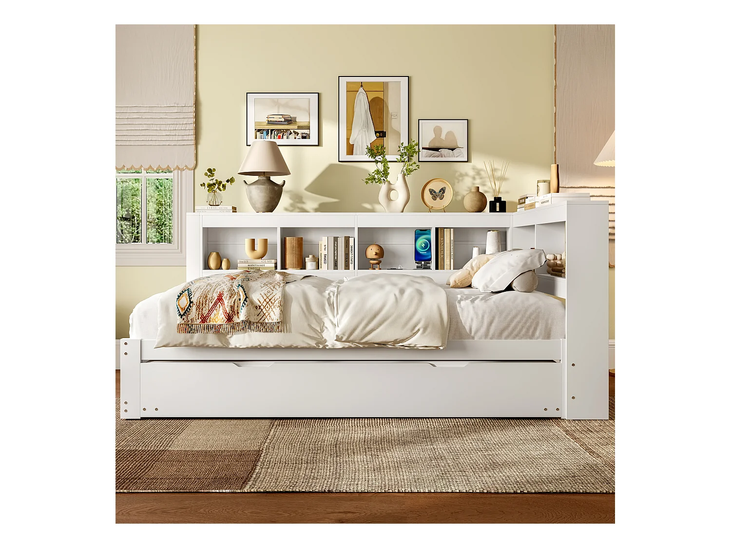 Daybed 140x200 cm, slaapbank met uitschuifbaar bed, met stopcontact en 2 USB-poorten, MDF en grenen frame, wit (219x167x90 cm)