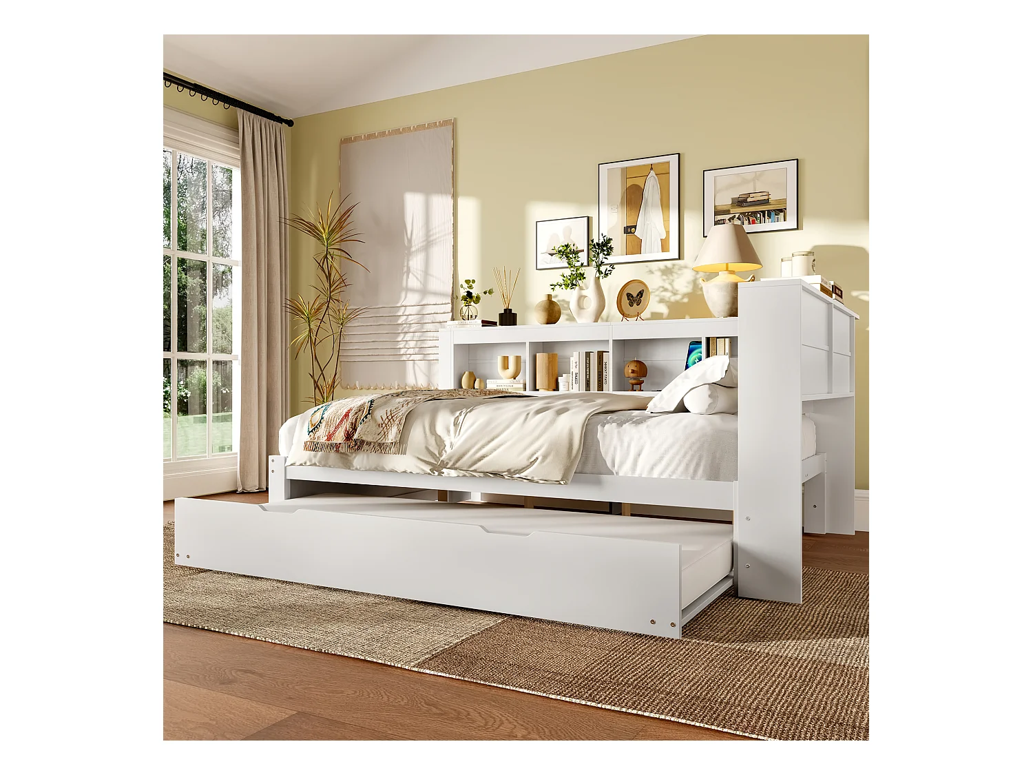 Daybed 140x200 cm, slaapbank met uitschuifbaar bed, met stopcontact en 2 USB-poorten, MDF en grenen frame, wit (219x167x90 cm)