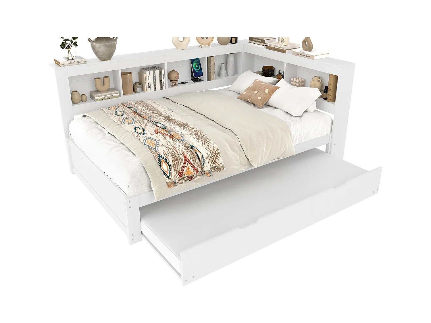 Daybed 140x200 cm, slaapbank met uitschuifbaar bed, met stopcontact en 2 USB-poorten, MDF en grenen frame, wit (219x167x90 cm)